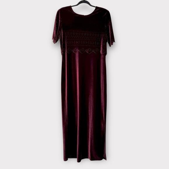 Vintage 90s Burgundy Velvet Column Gown Scallop Eyelet Overlay Maxi Dress Sz 14 - Picture 11 of 13